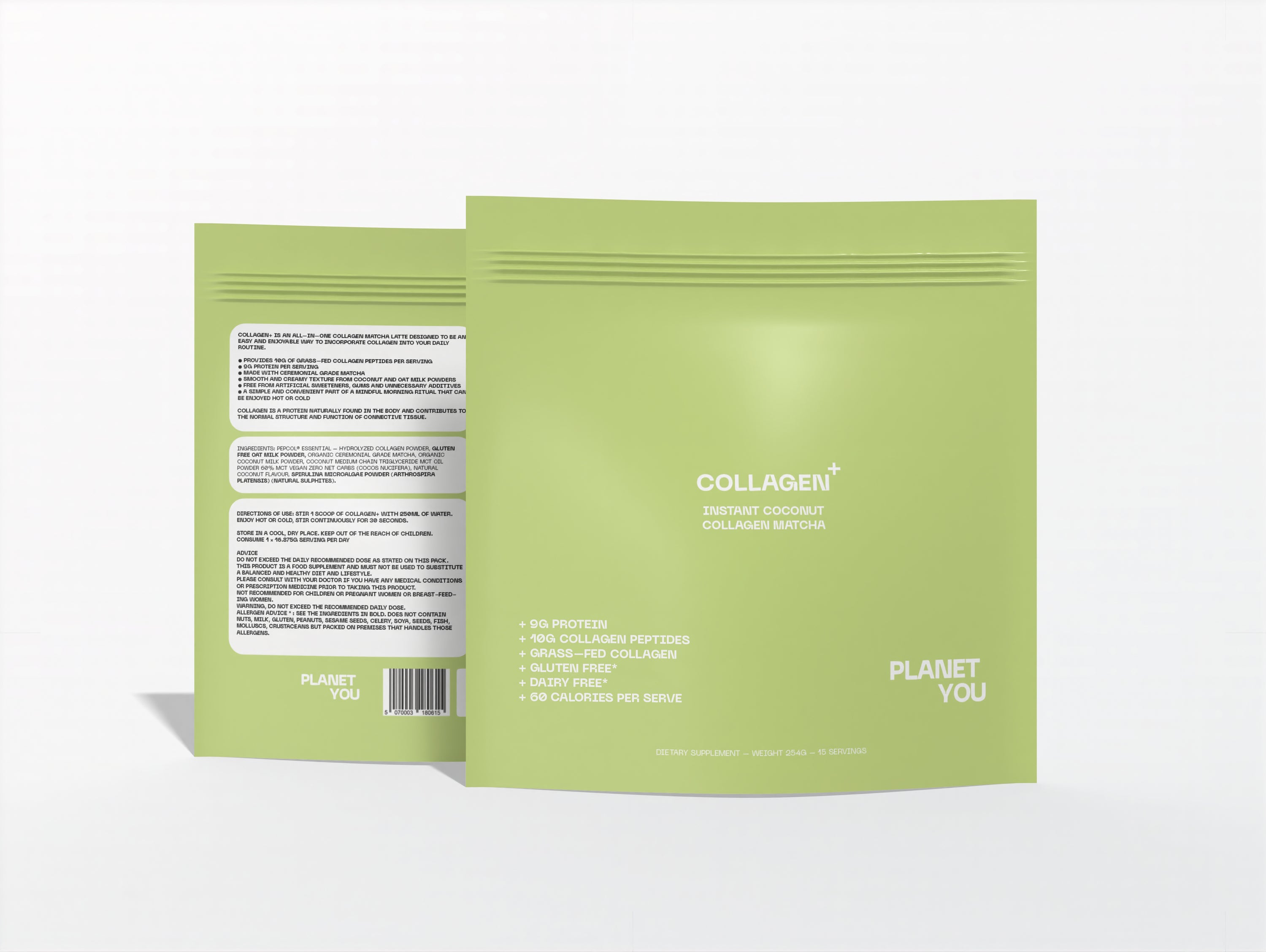 Two green collagen packaging sheets with 'Planet You' branding on a white background
