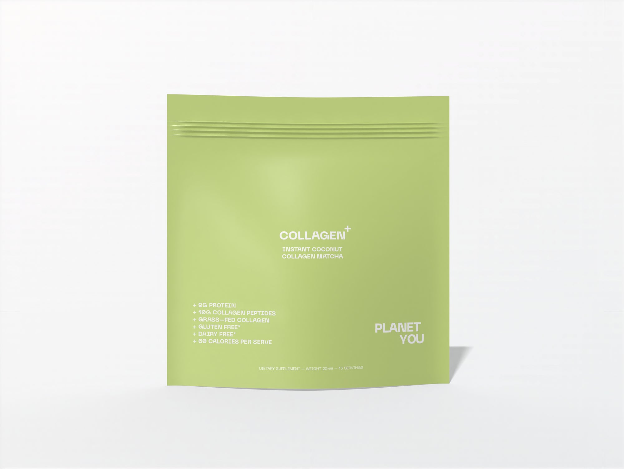 Green package of Collagen from Planet You on a white background