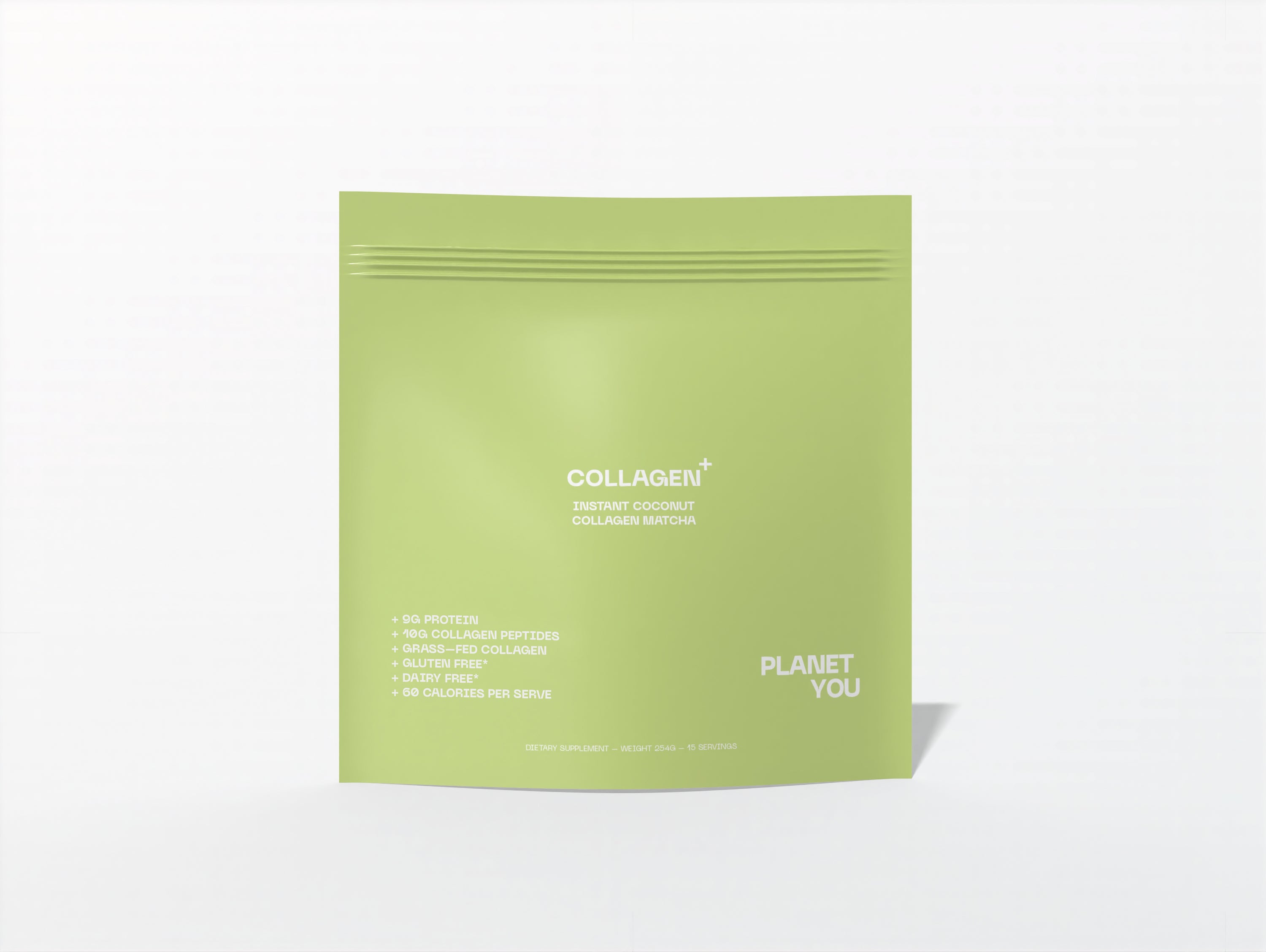 Green package of Collagen from Planet You on a white background